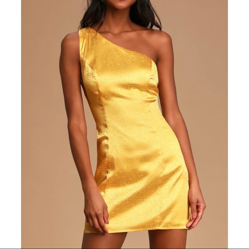 Lulus yellow satin one-shoulder mini dress